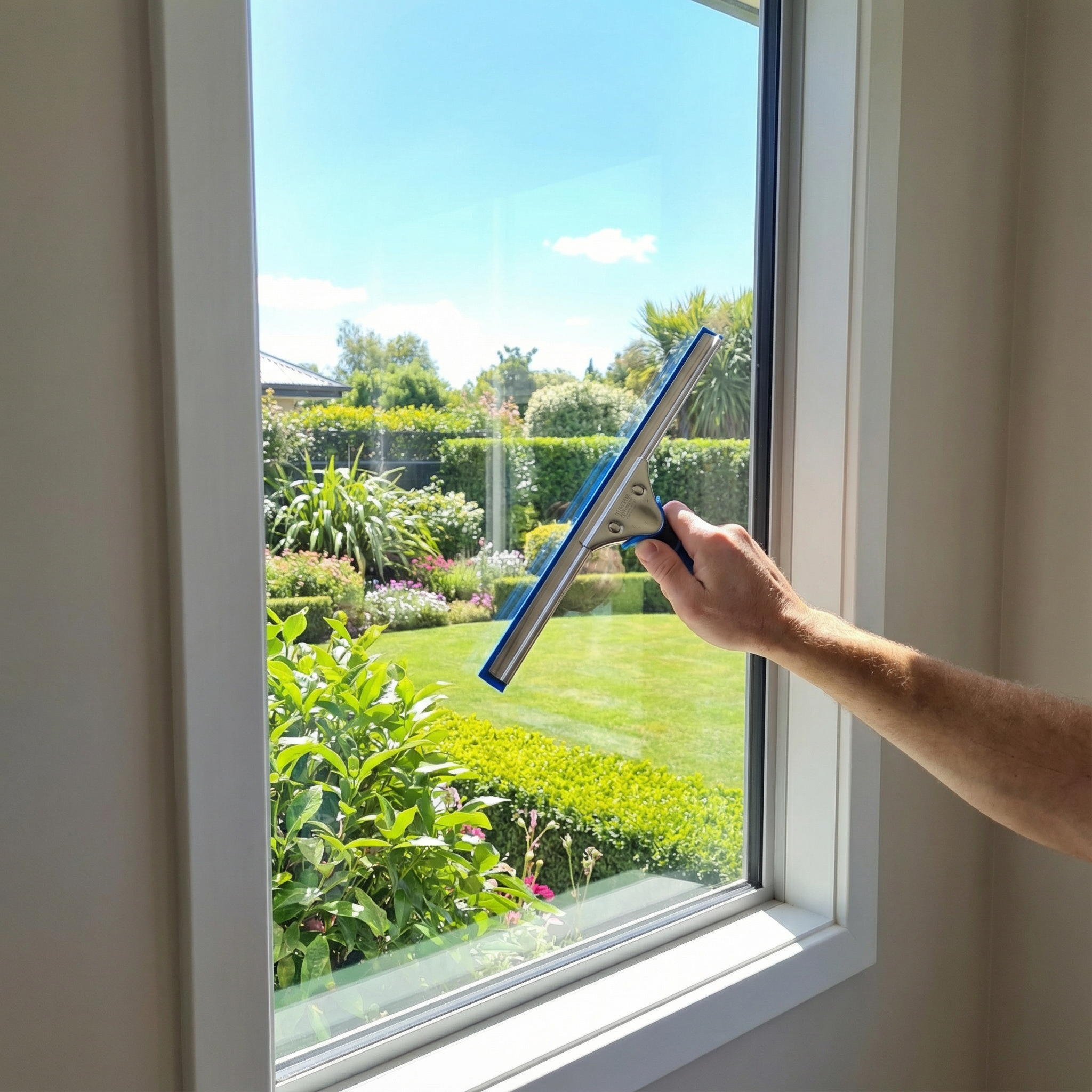 Interior view of professional window cleaning with garden view